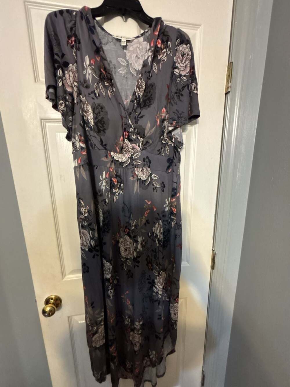 Seven7 Floral V-Neck Short Sleeve Hanky Hem Maxi Dress